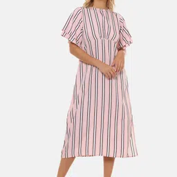 Campus Sutra Women Peach-Coloured Striped A-Line Dress-image-38