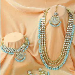 Peora Gold-Plated Kundan Beads Bridal Choker Long Necklace Earrings Maangtikka Wedding Jewellery Set-picture-33