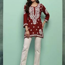 House of Chikankari Modal Solid Women'S Short Kurta - Maroon-image-6