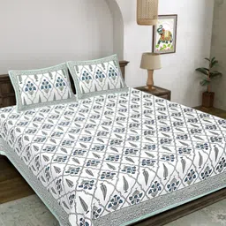 LIVING ROOTS Patni Green Printed Pure Cotton 300 TC Super King Bedsheet Set 2.64 x 2.43 m-image-81