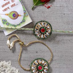 NVR Gold Kundan-Studded Handcrafted Wraparound Rakhi Set with Roli Chawal - Set of 2 image 1