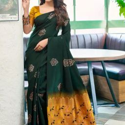 Satrani Green & Yellow Silk Woven Saree With Unstitched Blouse-image-47