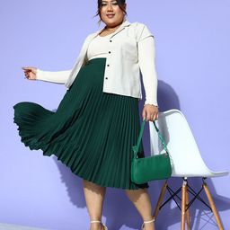 CURVE BY KASSUALLY Plus Size Green Accordion Pleated Flared Georgette Midi Skirt-14