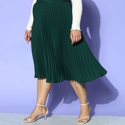 CURVE BY KASSUALLY Plus Size Green Accordion Pleated Flared Georgette Midi Skirt image 2