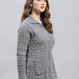 Monte Carlo Grey Regular Fit Self Pattern Cardigan image 4