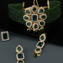 Zaveri Pearls Green Multistrand Ethnic Choker Necklace Earring & Ring Set-ZPFK11588-image-16