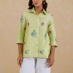 Inching India Green Dariya Cross Stitch Embroidered Shirt Top-image-43