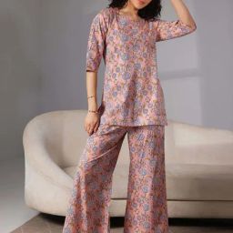 Libas Peach Cotton Printed Tunic Pyjamas Set-picture-2