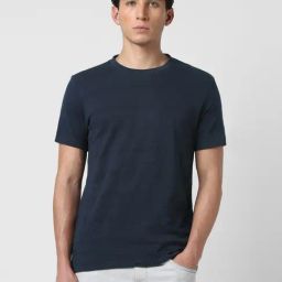 Van Heusen Navy Cotton Regular Fit Textured T-Shirt-image-2
