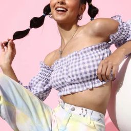 KASSUALLY Purple Checks Crop Top-46