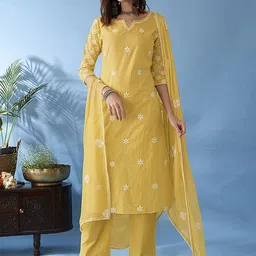 Anouk Women Floral Embroidered Regular Thread Work Pure Cotton Kurta with Trousers & With Dupatta-46