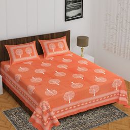 Aura White And Peach Printed Pure Cotton 144 TC Queen Bedsheet Set 2.10 m X 2.30 m-image-57