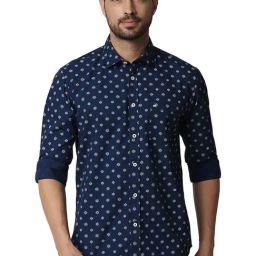 Basics Estate Blue Cotton Slim Fit Printed Shirt-image-8