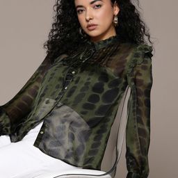 MANGO Satin Finish Print Tie-Up Neck Ruffles Shirt Style Top-image-62