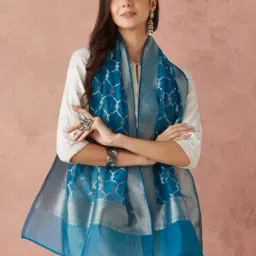 Fabindia Teal Cotton Silk Blend Woven Stole-image-123