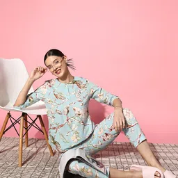 SANSKRUTIHOMES Women Sea Green & White Printed Pure Cotton Top With Trousers-image-32