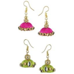 AKSHARA Girls Pink & Green Contemporary Jhumka Earrings with Silk Thread Details-32