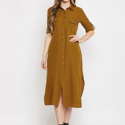 Color Cocktail Women Khaki Solid Shirt Dress-image-96