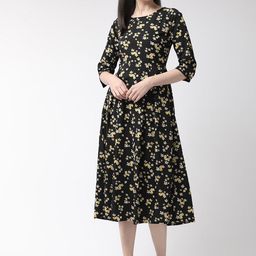 plusS Women Black & Yellow Floral Print Fit and Flare Dress-image-57