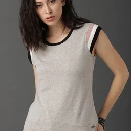 Roadster Women Grey Solid Top With Striped Sleeve-image-54