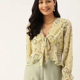 Slenor Geometric Print Tie-Up Neck Georgette Top-image-44