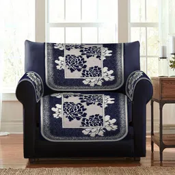 HOSTA HOMES Navy Blue & White Self Design Jacquard Velvet 5 Seater Sofa Cover-16 Pieces-12