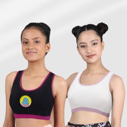 D'chica Pack Of 2 Solid & Placement Printed Athleisure Sports Black - Black & White-image-41