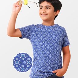 Earthy Touch Half Sleeves Printed Knit T-Shirt - Indigo Blue-image-62