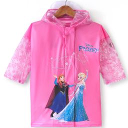 Babyhug Full Sleeves Calf Length Hooded Raincoat Elsa Print - Pink-image-6