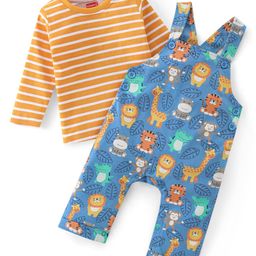 Babyhug 100% Cotton Knit Dungarees & Full Sleeves T-Shirt With Striped & Animals Print - Orange & Blue-image-41