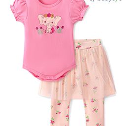 Babyoye Eco Conscious Cotton Knit Half Sleeves Onesies With Skeggings Elephant & Floral Print - Pink-image-29