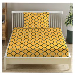 Trance Home Linen Pure Cotton Flat Single Bedsheet with 1 Pillow Cover- Dori Warm Grey Mustard-26
