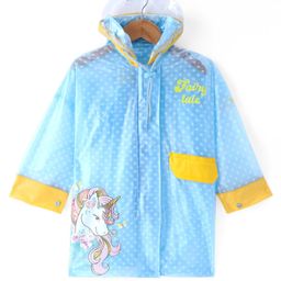 Babyhug Full Sleeves Below Knee Length Hooded Raincoat with Unicorn Print - Sea Blue-image-72