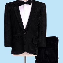 Robo Fry Velvet Knit Full Sleeves Solid 3 Piece Party Suit With Textured Design Blazer & Bow - Black-image-98