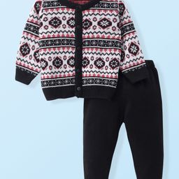 Doodle Poddle Knitted Full Sleeves Front Open Sweater Set with Aztec Design - White & Black-image-48