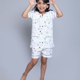 Little Clothing Cotton Woven Half Sleeves Abstract Printed Coordinating Shirt With Shorts - White-image-74