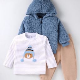 Little Kangaroo Fur Knit Full Sleeves Winter Wear Set Of Front Zipper Hoodie With Printed Inner Tee & Lounge Pants - Blue-image-59