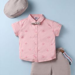 ToffyHouse Cotton Woven Half Sleeves Printed Shirt & Shorts With Bow Suspender & Hat - Pink-picture-31