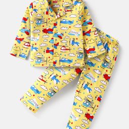 Babyhug Cotton Knit Full Sleeves Front Open Night Suit with Airplane Print - Yellow-image-91