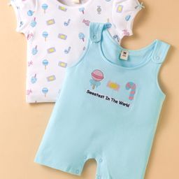 ToffyHouse Cotton Woven Dungaree Style Romper & Half Sleeves T-Shirt With Candy Print & Embroidery - Sea Green-image-101