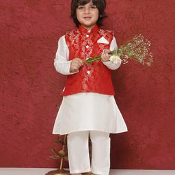 AJ Dezines Chanderi Full Sleeves Floral Foil Printed Kurta Pyjama With Jacket Set - Red-image-18