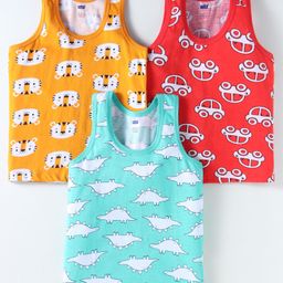 Simply Sinker Knit Sleeveless Vest with Animal & Vehicle Print Pack of 3 - Sky Blue Yellow & Red-19
