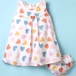 Dew Drops Cotton Woven Sleeveless Frock With Bloomer & Heart Print - White & Peach-image-51