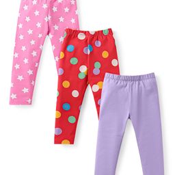 Babyhug Cotton Lycra Knit Full Length Leggings with Polka Dots & Star Print Pack of 3 - Pink Red & Lilac-image-98