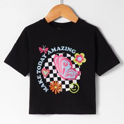 Olio Kids Cotton Knit Half Drop Shoulder T-Shirt with Text Print - Black-11
