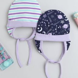 BUMZEE Interlock Knit Striped & Star Printed Caps Pack of 2 Purple & Navy Blue - Diameter 12 cm-image-92