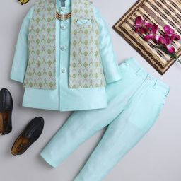 Ahhaaaa Silk Blend Full Sleeves Solid Kurta Pyjama With Floral Embroidered Jacket & Maala Set - Turquoise-image-95