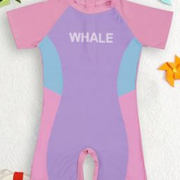 PASSION PETALS Lycra Half Sleeves Colour Blocked Legged Swimsuit - Purple & Pink-image-59