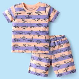 Kookie Kids Single Jersey Knit Half Sleeves Shorts Co-Ord Night Suit With Dino Print - Purple & Beige-image-92