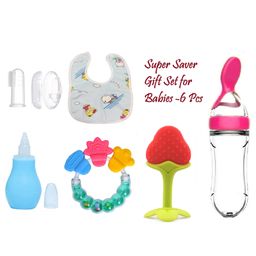 Enorme Super 6 pcs Combo of Strawberry Silicone Teether, Bellring, Nose Cleaner, Spoon Feeder, Bib, Finger Brush-18